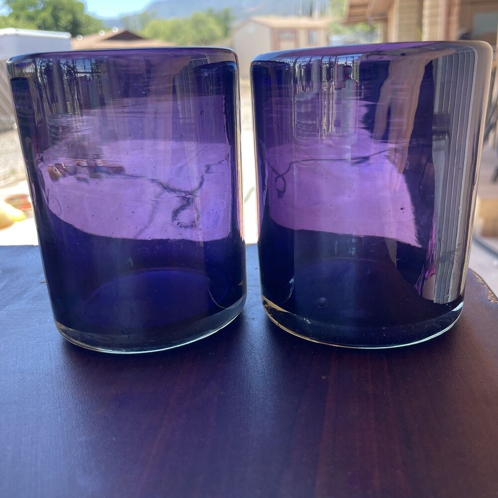 Hand Blown Amethyst Art Glass Purple Vintage Bubble Tumblers Set of 2 4”